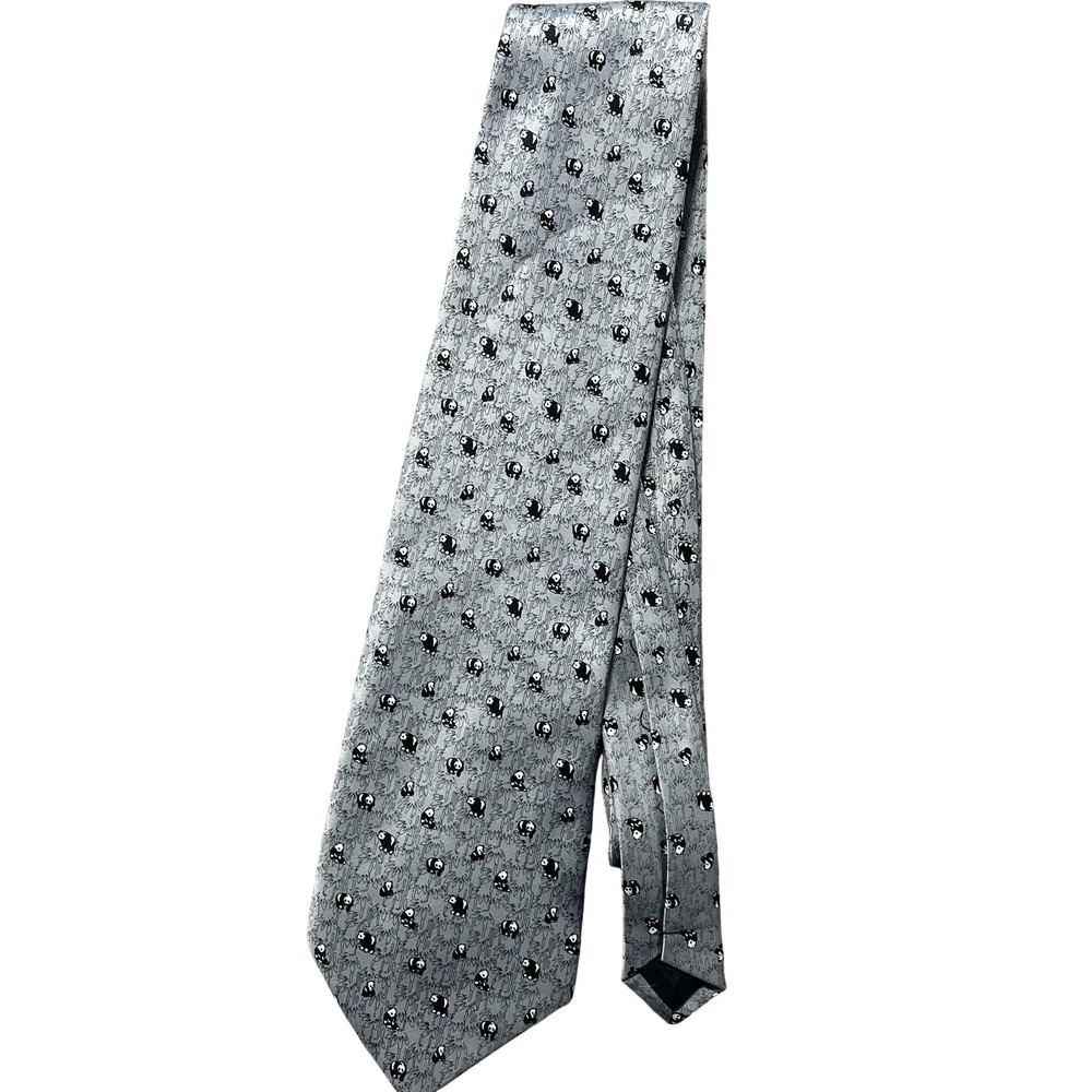 Kai Long Tie Mens One Size Gray Panda Animal Print Classic Satin Silk Necktie